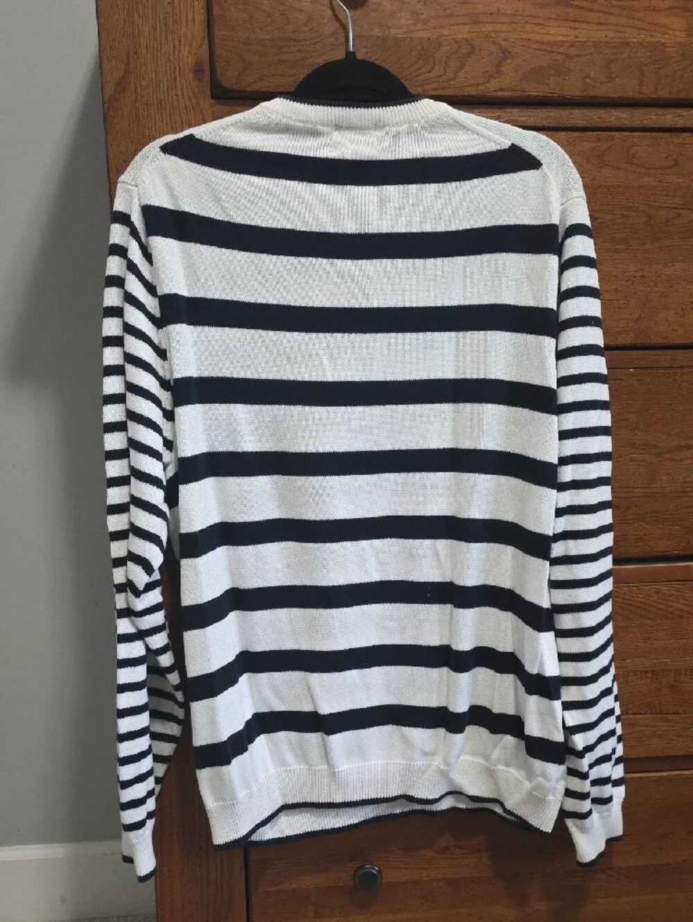 Brooks Brothers White and Black Striped Crewneck Henley Sweater